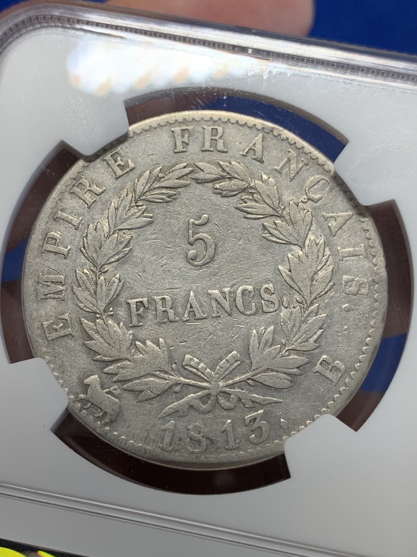 《竞宝斋》第201场-周日，周一 2场 (全场包邮) NGC VF 法国 1813B厂 金叶桂冠 拿破仑 5法郎银币 少见厂别和年份