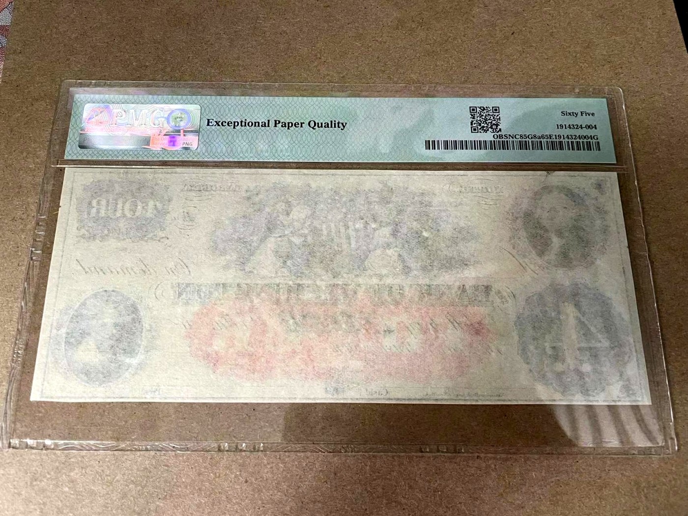 【Blue Auction】✨世界纸币精拍第375期【精】  【罕品 少见面值】美国 华盛顿银行1860年代 4美金 PMG65EPQ 绝品 华盛顿头像 印第安人与白人大融合场景 非常精美 值得收藏  