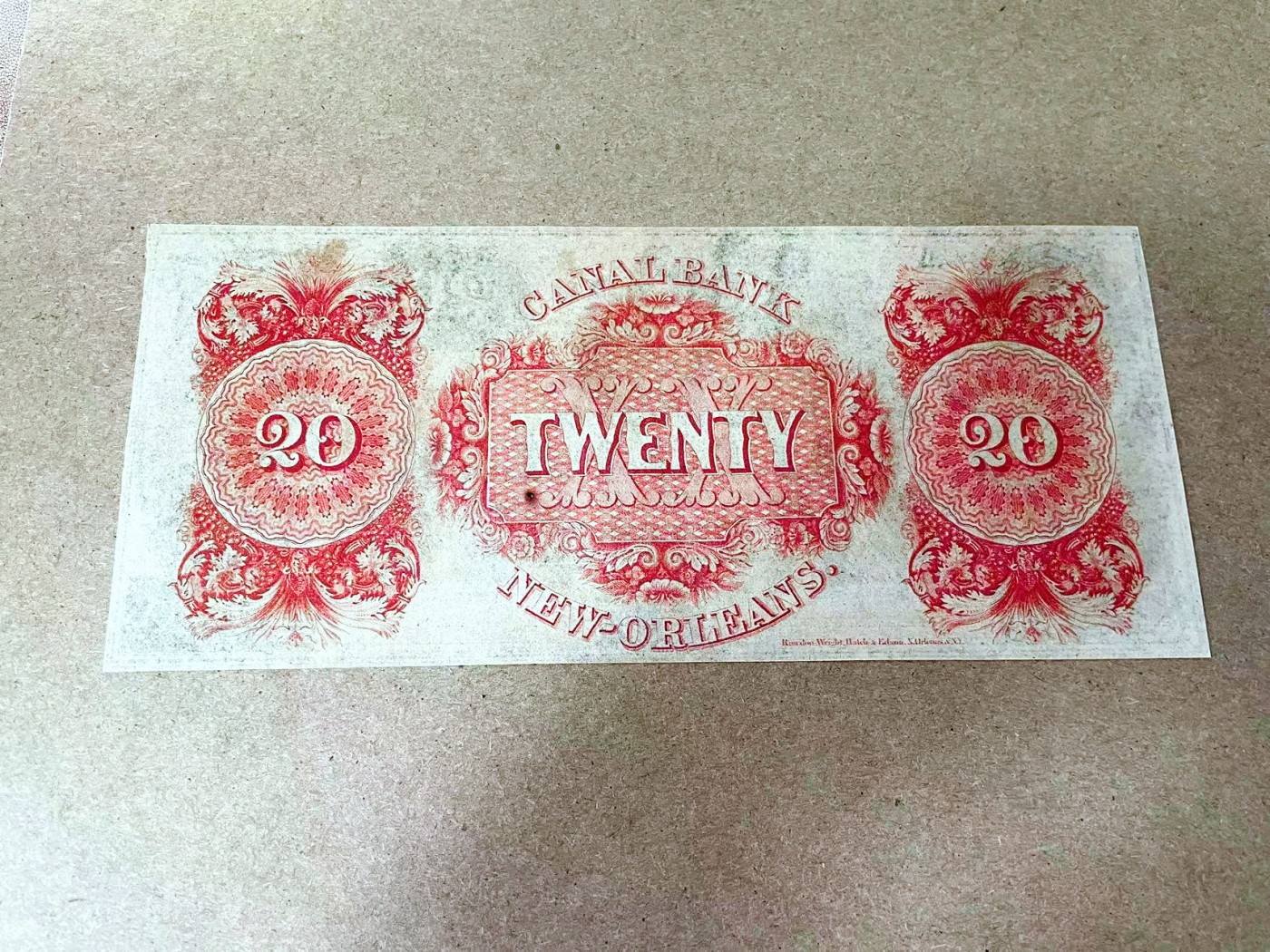 【Blue Auction】✨世界纸币精拍第375期【精】 美国 新奥尔良 18XX年代20美金 少见品种 双面设计大票幅精美  原汁原味 UNC-（极小针孔&黄点）