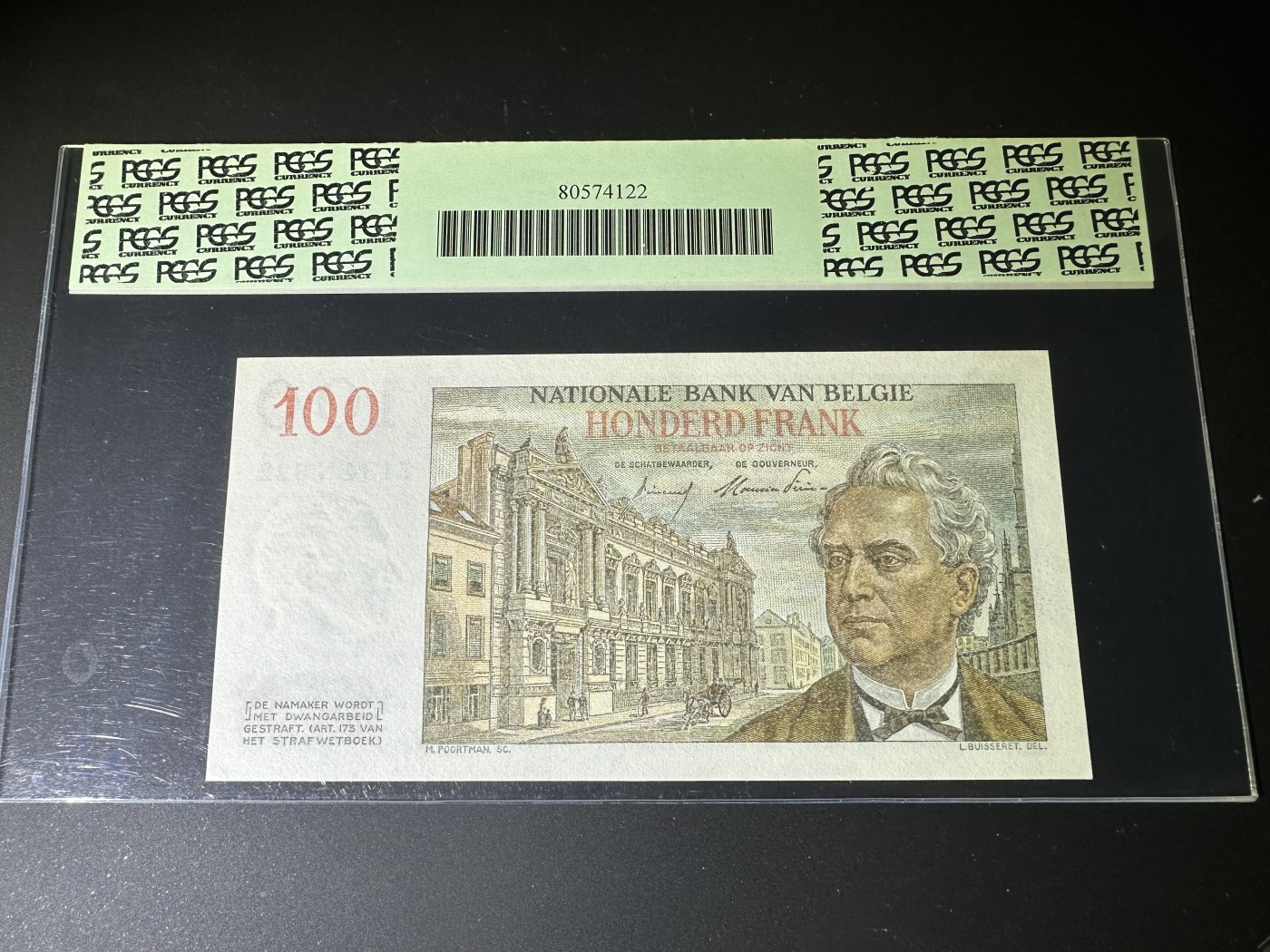 【Blue Auction】✨世界纸币精拍第375期【精】 比利时 1953-57年100法郎 PCGS66EPQ 绿标 法属风
