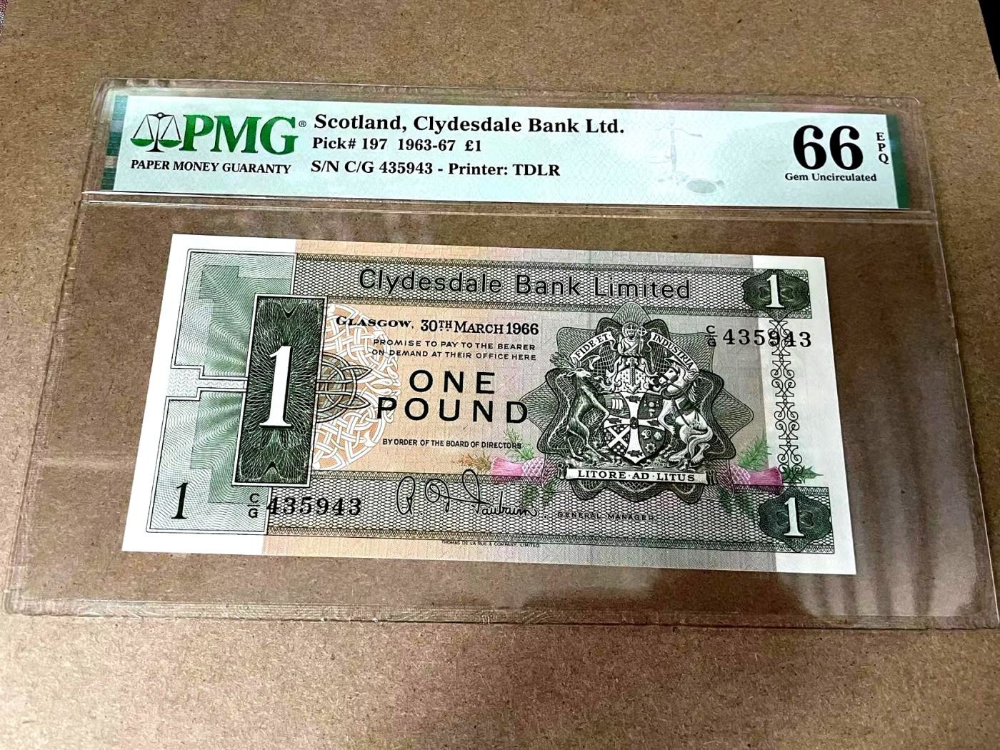 【Blue Auction】✨世界纸币精拍第375期【精】 苏格兰 1966年1镑 背面港口大船雕刻精美 PMG66EPQ 