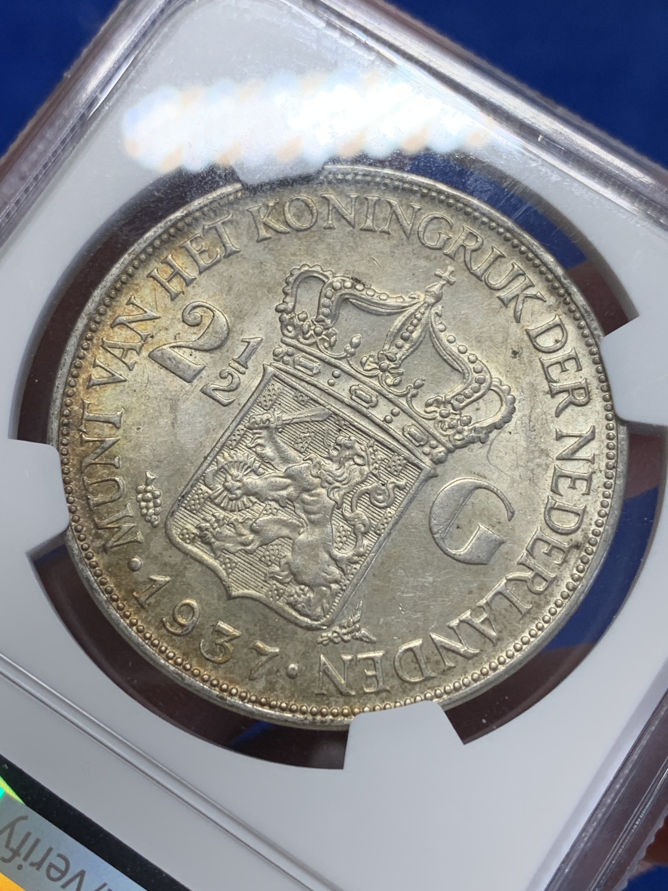 《竞宝斋》第201场-周日，周一 2场 (全场包邮) NGC-MS62 荷兰1937年威廉明娜2.5盾银币