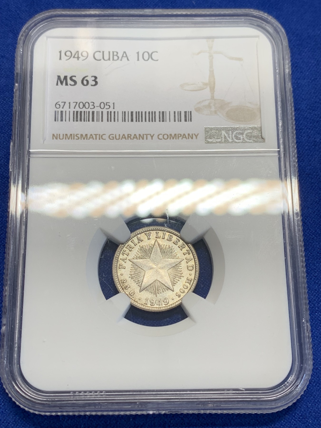 《竞宝斋》第201场-周日，周一 2场 (全场包邮) NGC MS63 古巴 1949年 五星 10分银币 状态好