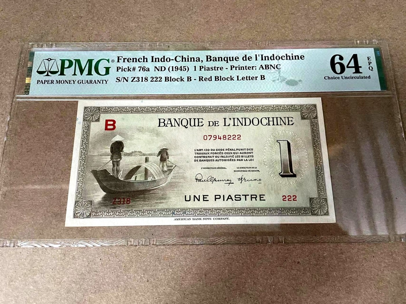 【Blue Auction】✨世界纸币精拍第375期【精】 【222豹子号罕见】法属印支 东方汇理银行  1945年1皮 PMG64EPQ 原票 ABNC出品 