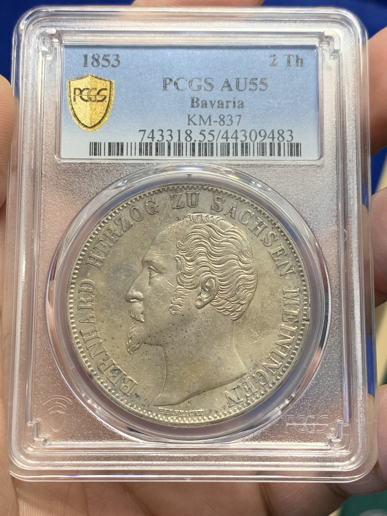 《竞宝斋》第201场-周日，周一 2场 (全场包邮) PCGS AU55 德国 1853年 萨克森-梅宁根公国 2泰勒 窗帘大银币 37克大规格 发行量只有20994枚 对于流通泰勒来说 太稀少 也就发行量2年 梅宁根必备品