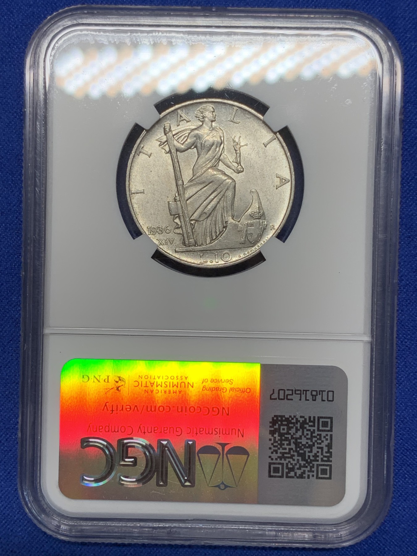 《竞宝斋》第201场-周日，周一 2场 (全场包邮) NGC MS62 意大利 1936年10里拉银币 胜利女神持打狗棒全转光品相