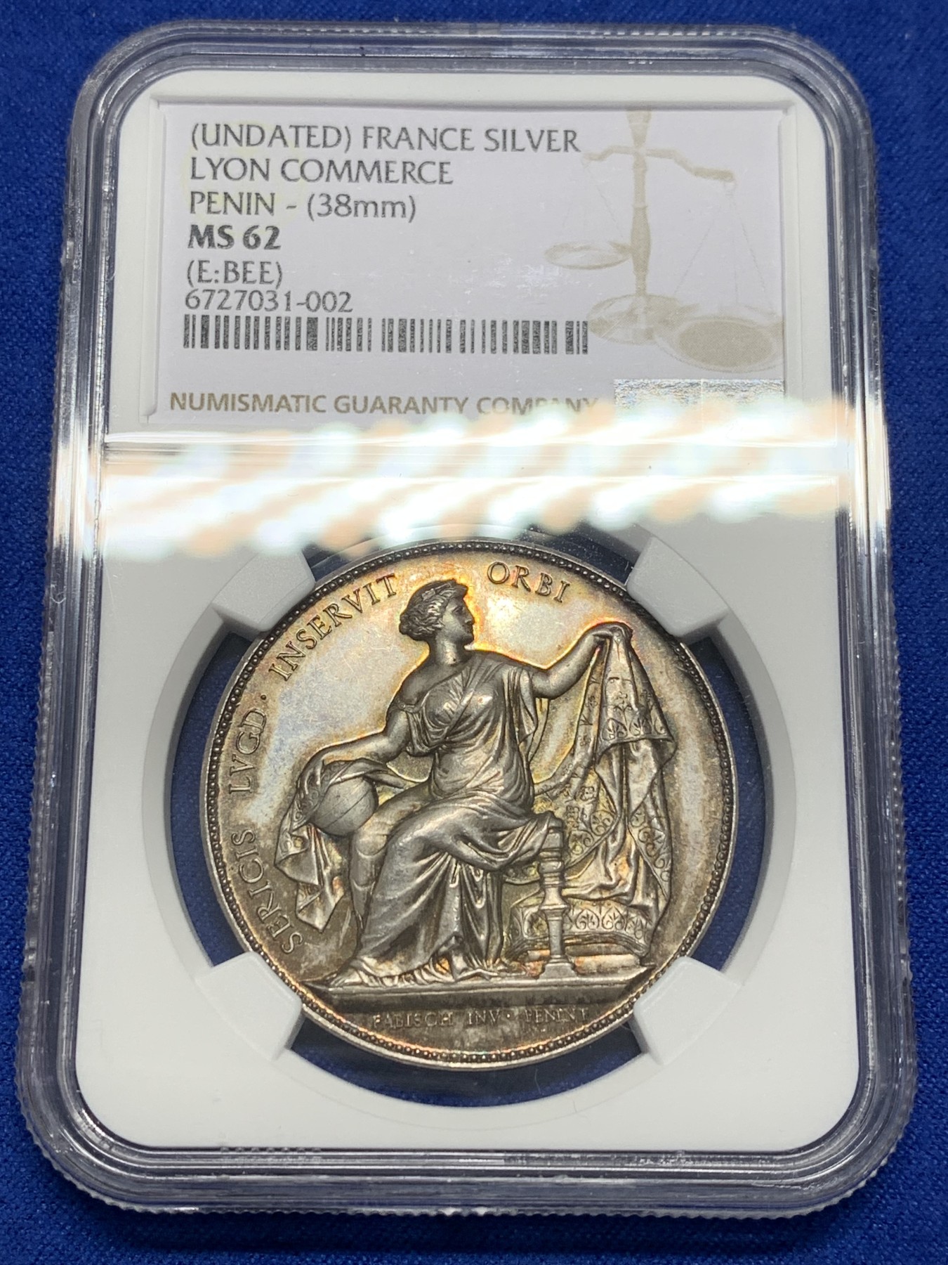 《竞宝斋》第201场-周日，周一 2场 (全场包邮) NGC MS62 法国商业区银章 蜜蜂边铭 1860-1879年 早期品种 PL底板 包浆非常漂亮 两面设计都好看