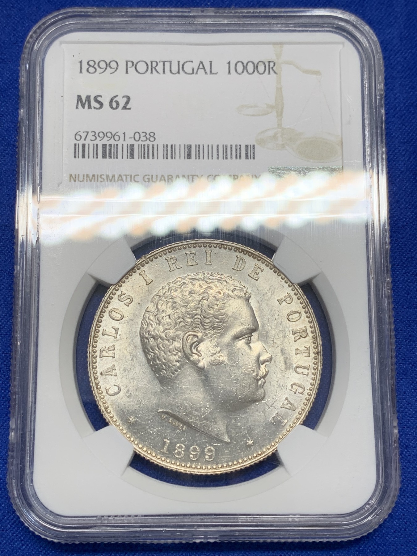 《竞宝斋》第201场-周日，周一 2场 (全场包邮) NGC MS62 葡萄牙1899年卡洛斯一世头像1000瑞斯银币， 状态出色