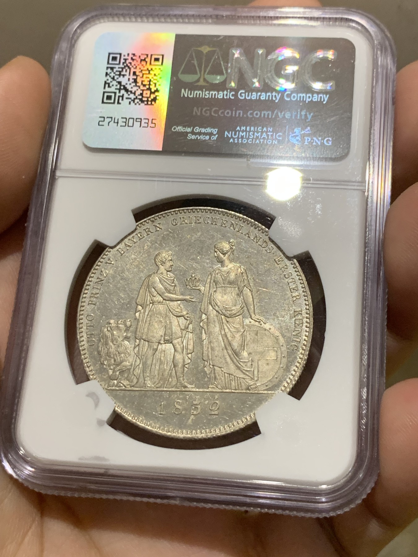 《竞宝斋》第201场-周日，周一 2场 (全场包邮) NGC MS62 德国 巴伐利亚 1832 路德维希一世 希腊国王 加冕纪念 协议泰勒大银币 非常少见的品种