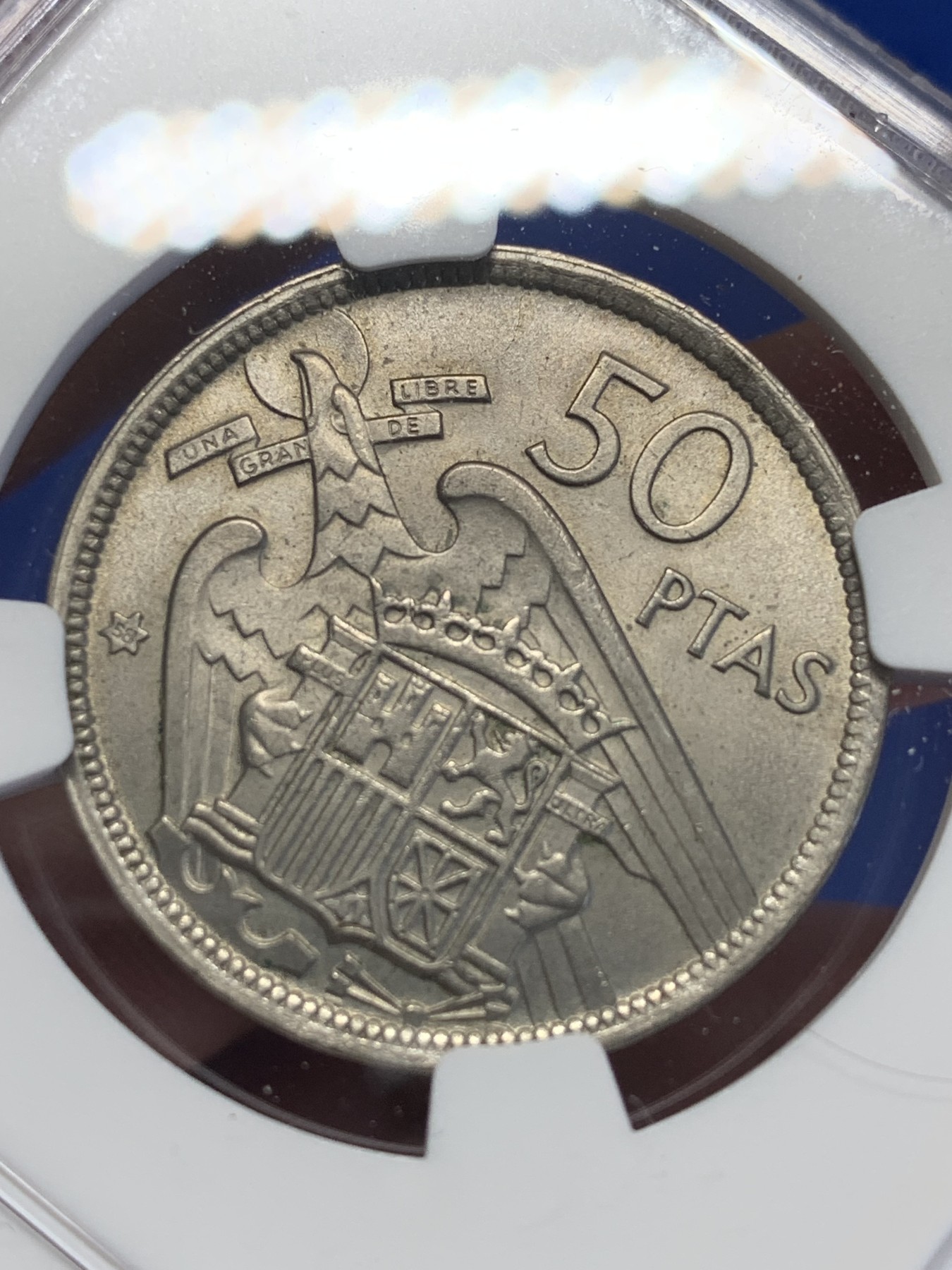 《竞宝斋》第201场-周日，周一 2场 (全场包邮) NGC MS63 西班牙 1957(58) 独裁者 50比塞塔 