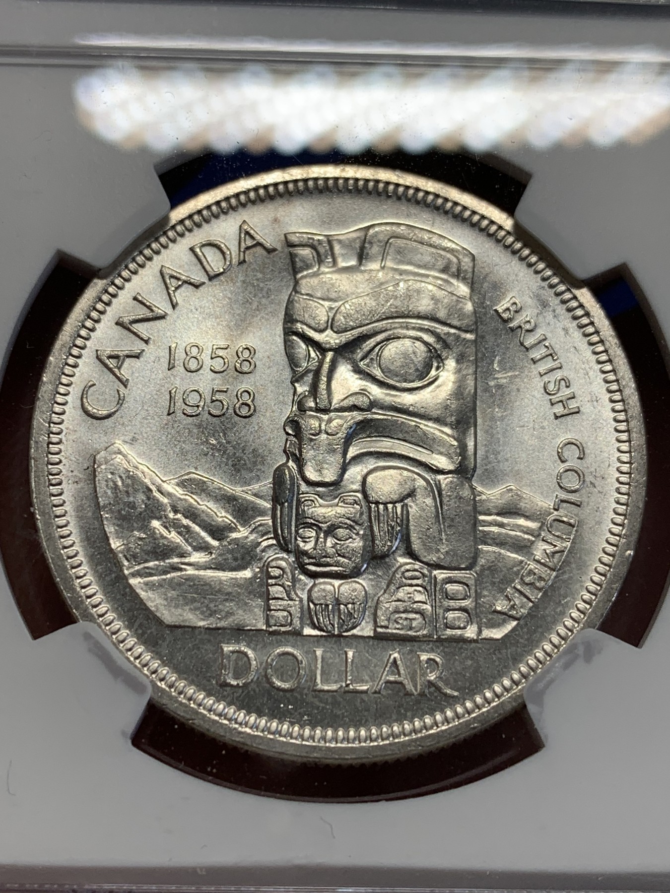 《竞宝斋》第201场-周日，周一 2场 (全场包邮) NGC MS64 1958年 加拿大 哥伦比亚百年纪念1元银币 高银版