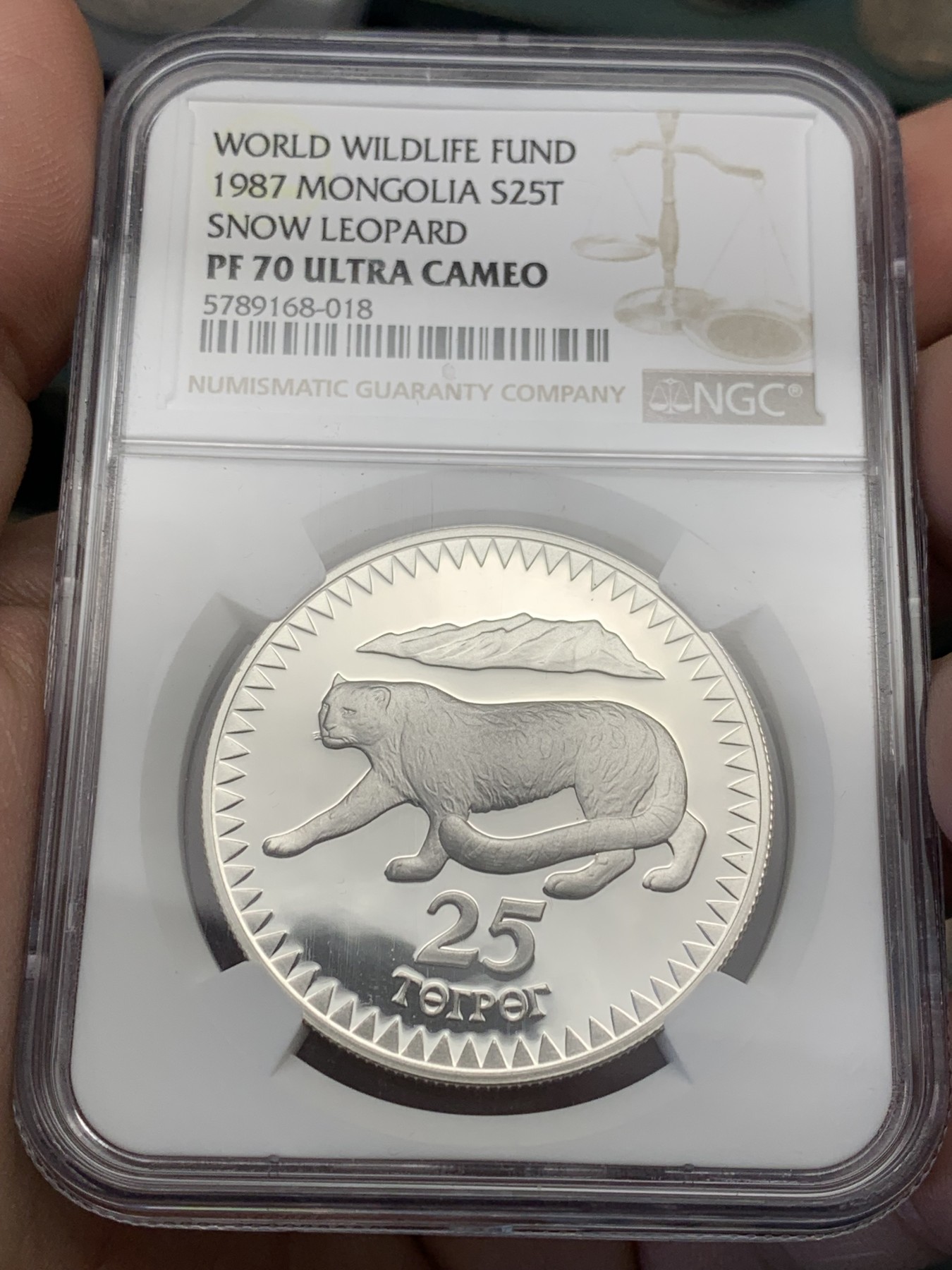 《竞宝斋》第201场-周日，周一 2场 (全场包邮) NGC-PF70UC 蒙古 1987年 25图格里克 世界野生动物保护基金会 雪豹 冠军分 无法超越
