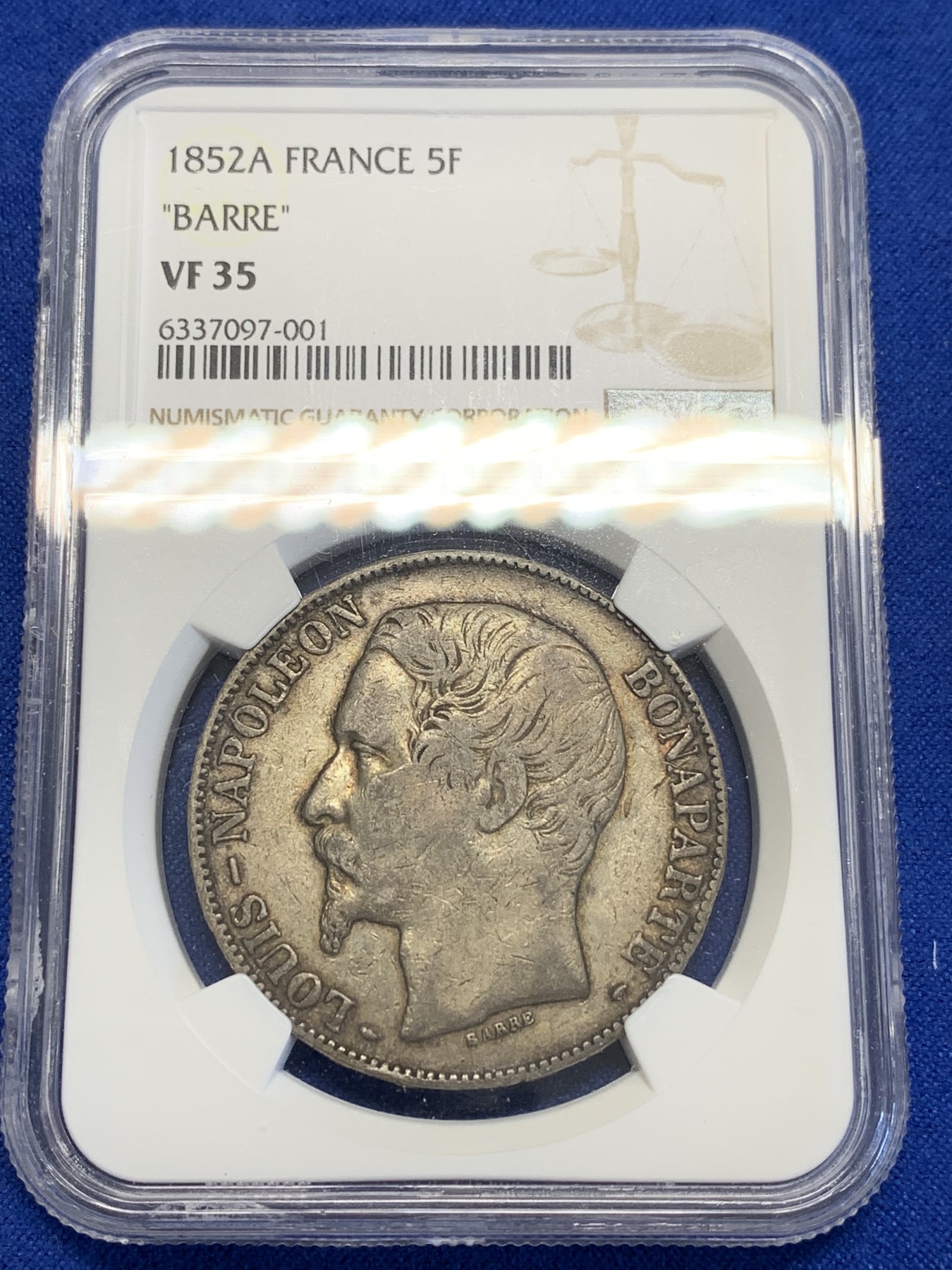 《竞宝斋》第201场-周日，周一 2场 (全场包邮) NGC-VF35 法国1852年拿破仑5法郎银币，小头版本，低评了