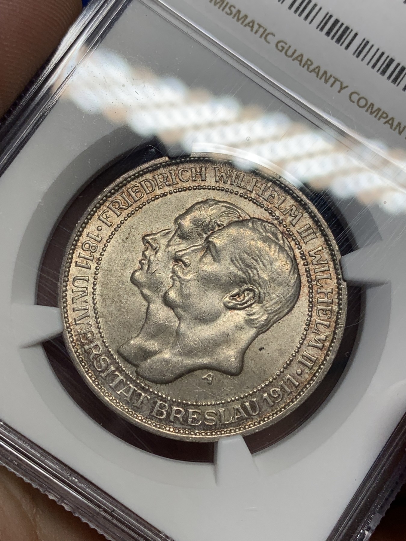 《竞宝斋》第201场-周日，周一 2场 (全场包邮) NGC-MS64 德国普鲁士 1911年 布雷斯劳大学 3马克银币 BU品质