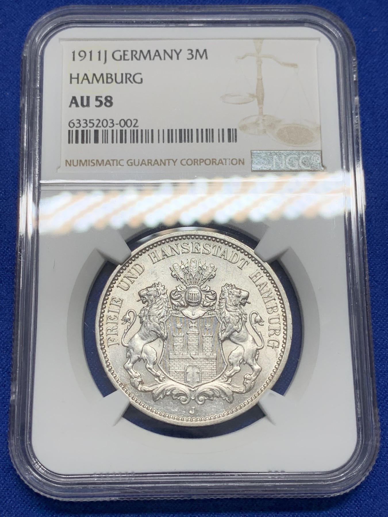 《竞宝斋》第201场-周日，周一 2场 (全场包邮) NGC AU58 德国汉堡市3马克银币 状态非常好 应该有MS