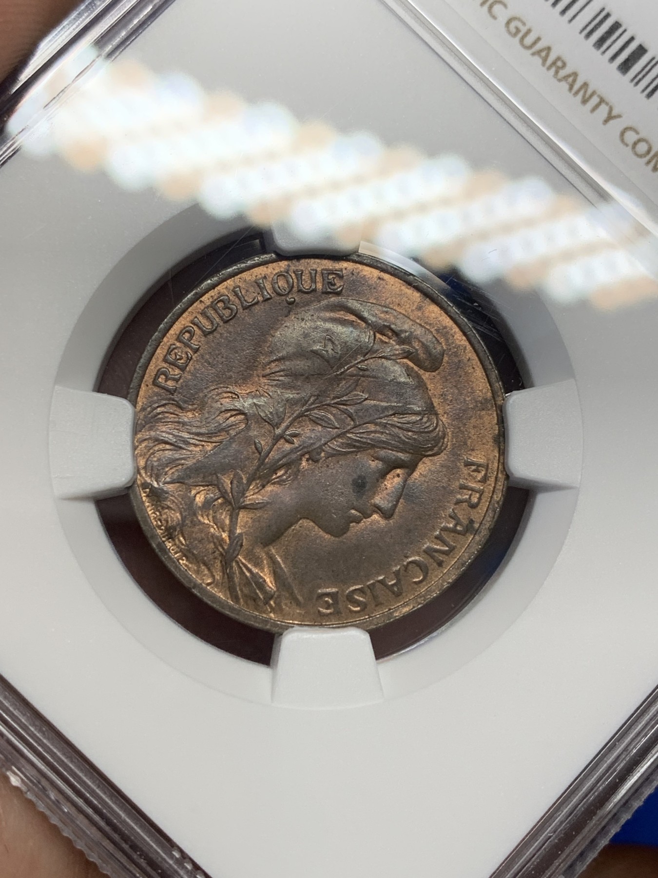 《竞宝斋》第201场-周日，周一 2场 (全场包邮) NGC MS63BN 法国 1913 5分铜币 少见版别