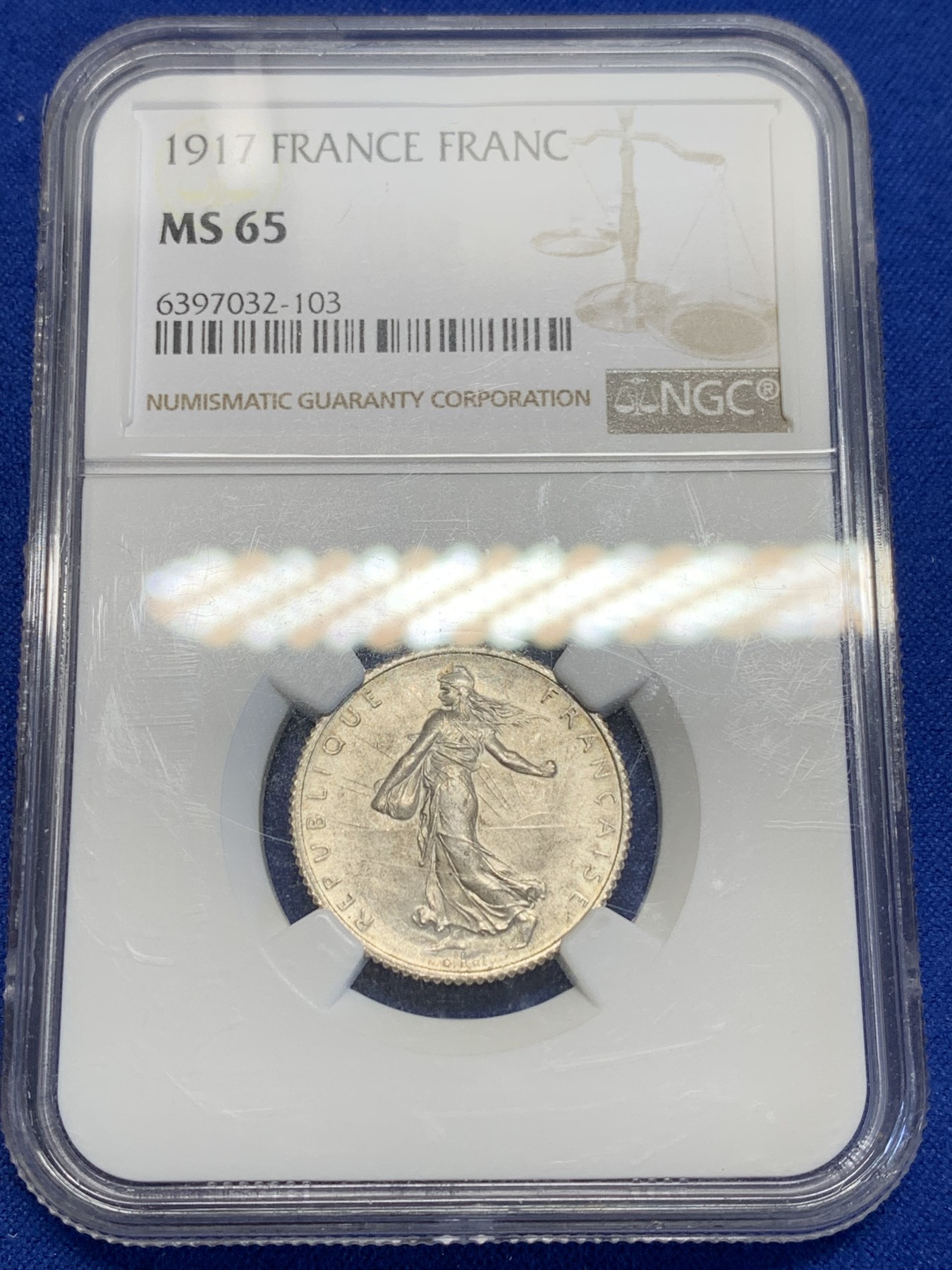 《竞宝斋》第201场-周日，周一 2场 (全场包邮) NGC-MS65 法国 1917年 1法郎 播种女神 银币 少见65高分，品相好