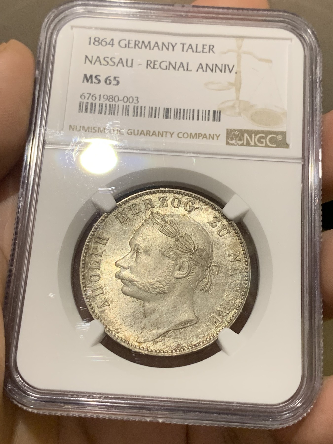 《竞宝斋》第201场-周日，周一 2场 (全场包邮) NGC MS65 德国 拿骚 1864年1泰勒 极其富有特色且少见品种 MS65高分状态太难得