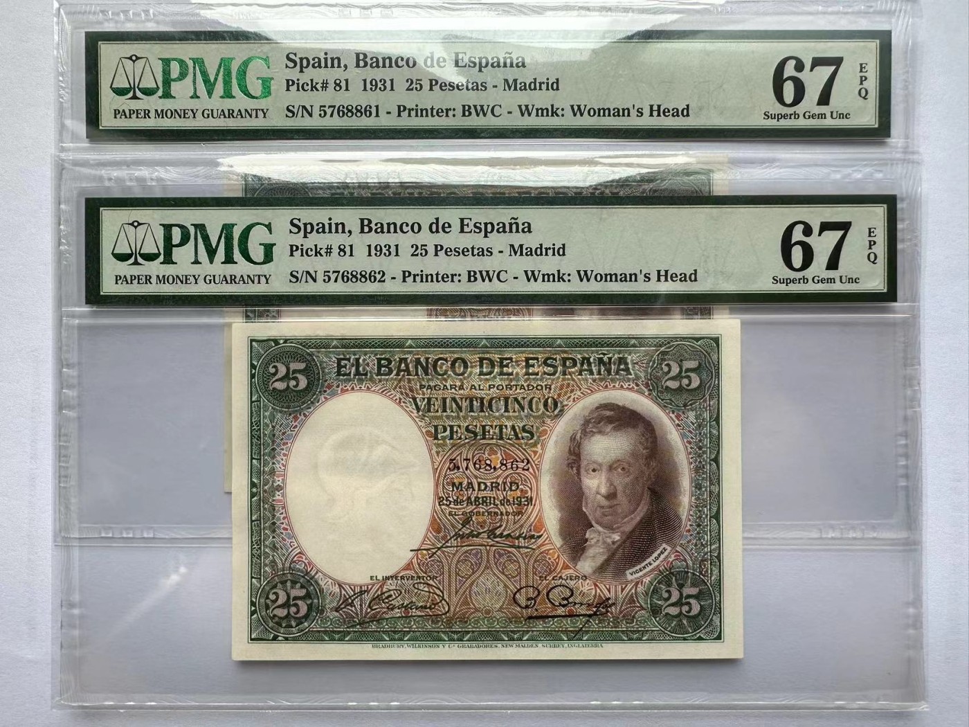 【Blue Auction】✨世界纸币精拍第375期【精】 【一组2张连号】西班牙 1931年25法郎 PMG67EPQ 高分 小天使