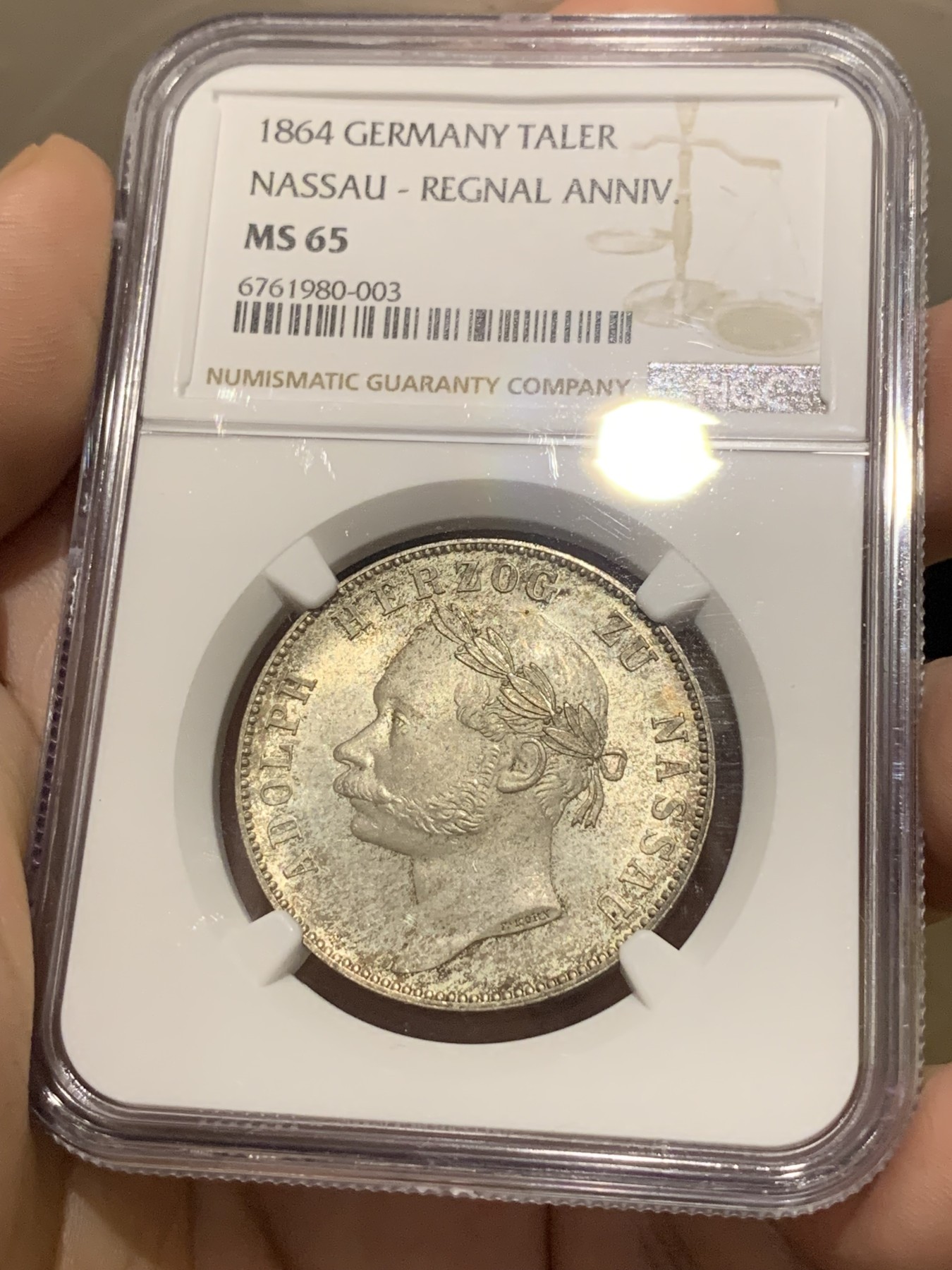 《竞宝斋》第201场-周日，周一 2场 (全场包邮) NGC MS65 德国 拿骚 1864年1泰勒 极其富有特色且少见品种 MS65高分状态太难得