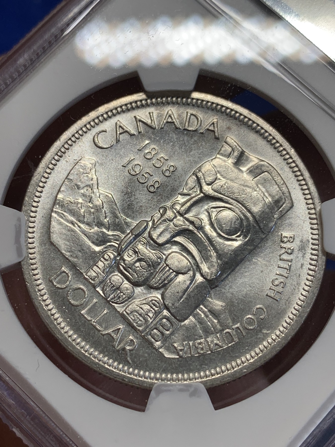 《竞宝斋》第201场-周日，周一 2场 (全场包邮) NGC MS64 1958年 加拿大 哥伦比亚百年纪念1元银币 高银版