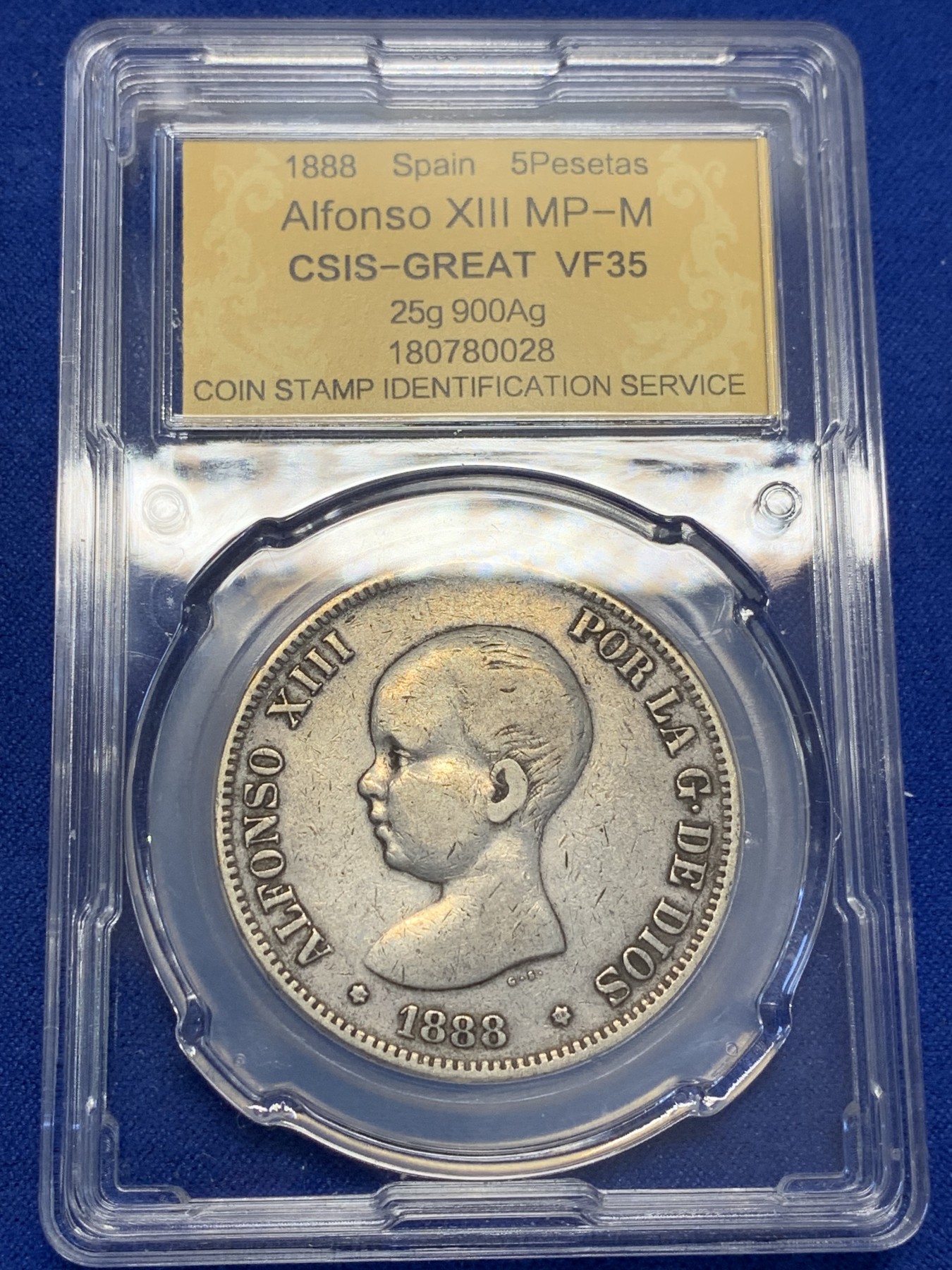 《竞宝斋》第201场-周日，周一 2场 (全场包邮) CSIS-VF35 西班牙1888年 阿方索十三世 5比塞塔双柱大银币 吉祥年份