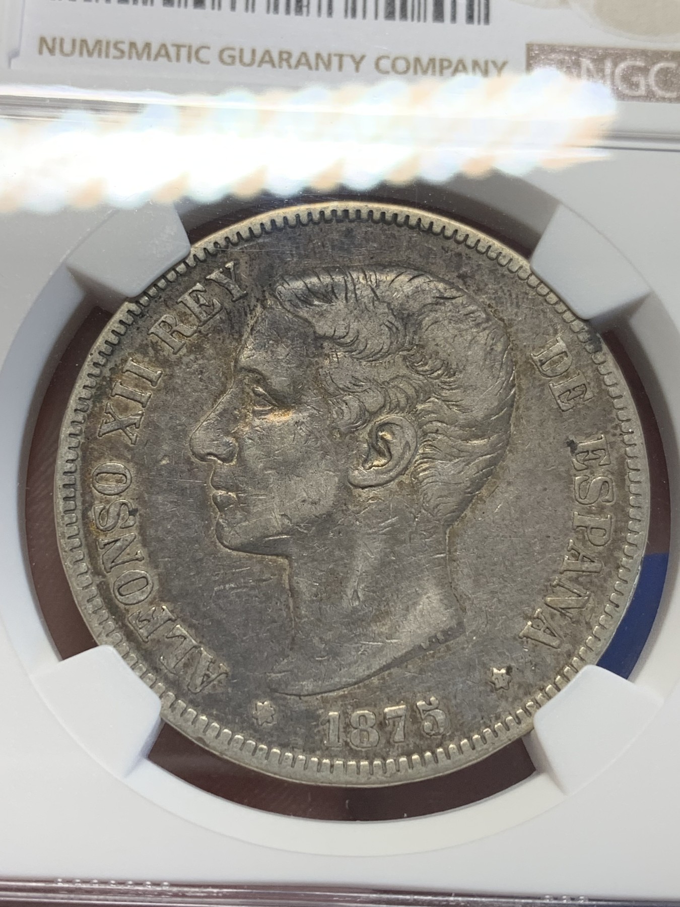 《竞宝斋》第201场-周日，周一 2场 (全场包邮) NGC F 1875西班牙阿方索十二世青年版5比塞塔银币