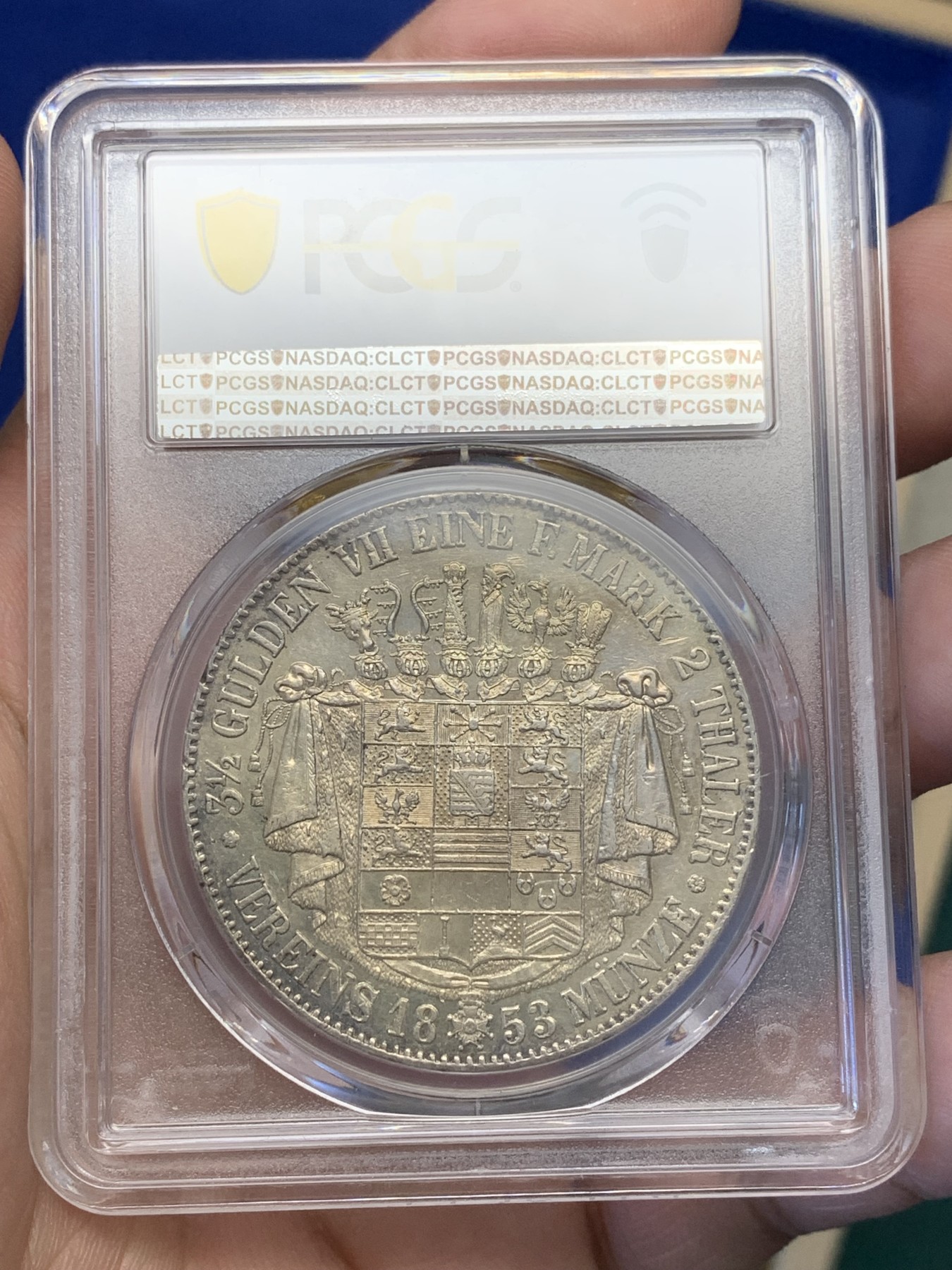 《竞宝斋》第201场-周日，周一 2场 (全场包邮) PCGS AU55 德国 1853年 萨克森-梅宁根公国 2泰勒 窗帘大银币 37克大规格 发行量只有20994枚 对于流通泰勒来说 太稀少 也就发行量2年 梅宁根必备品