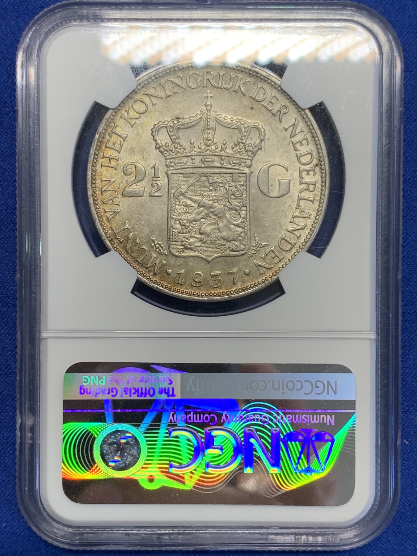 《竞宝斋》第201场-周日，周一 2场 (全场包邮) NGC-MS62 荷兰1937年威廉明娜2.5盾银币