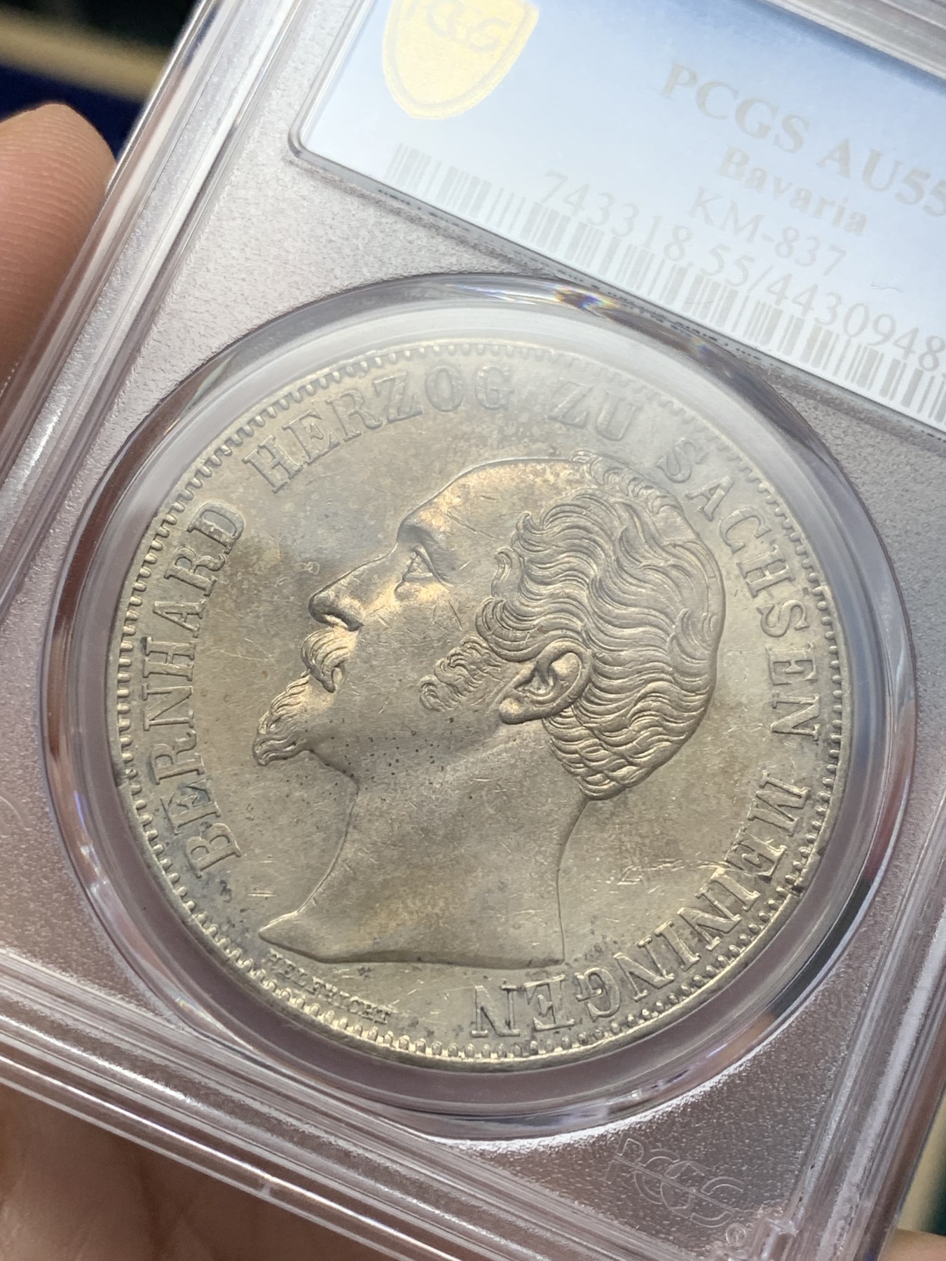 《竞宝斋》第201场-周日，周一 2场 (全场包邮) PCGS AU55 德国 1853年 萨克森-梅宁根公国 2泰勒 窗帘大银币 37克大规格 发行量只有20994枚 对于流通泰勒来说 太稀少 也就发行量2年 梅宁根必备品