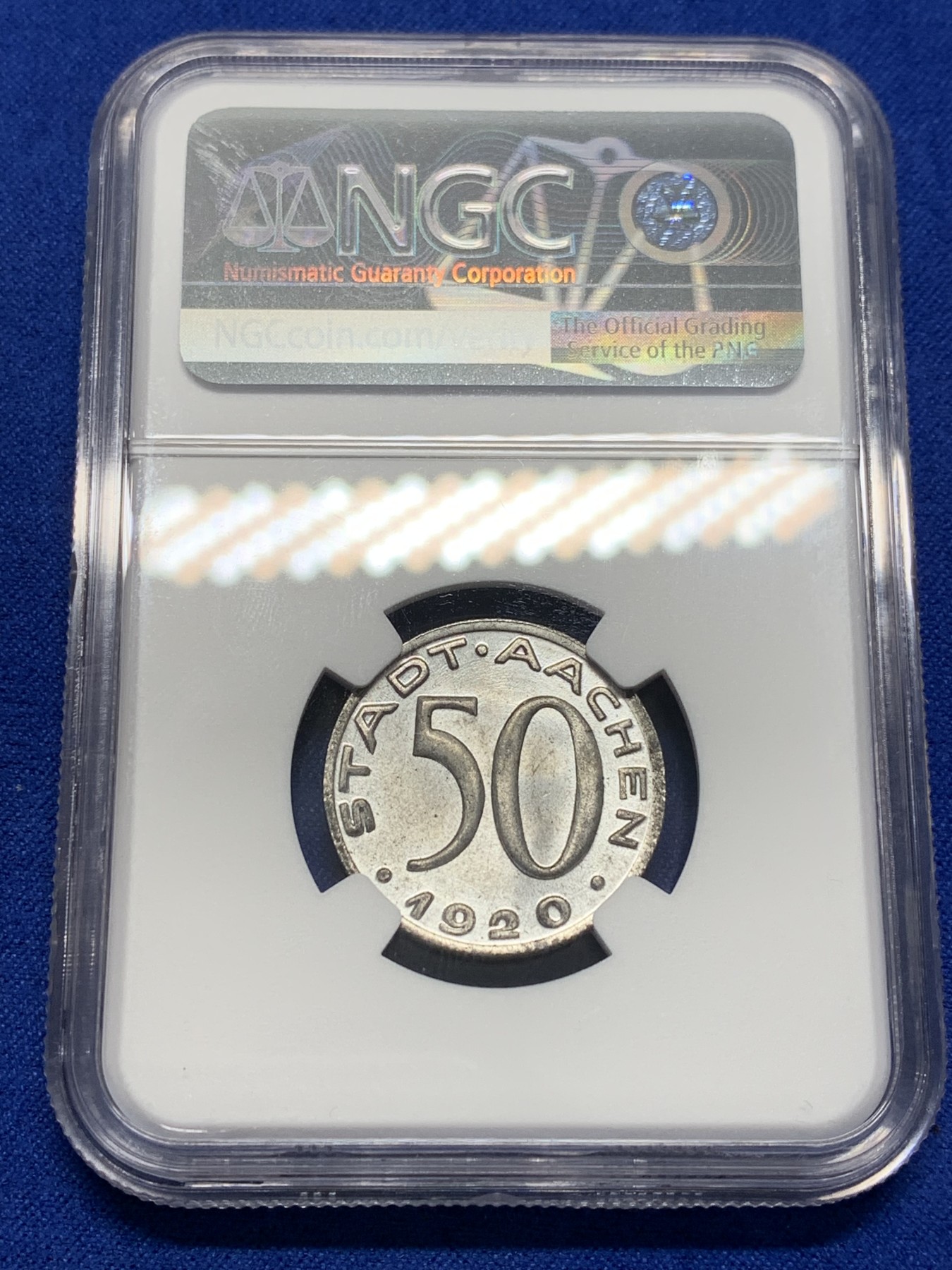 《竞宝斋》第201场-周日，周一 2场 (全场包邮) NGC MS64  1920年德国德紧亚琛鹰头50芬尼铁币 顶级品相状态 十分难得！