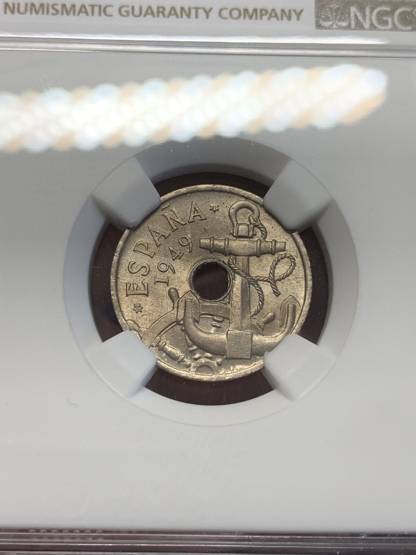 《竞宝斋》第201场-周日，周一 2场 (全场包邮) NGC MS65 西班牙 1949(51)  海锚 50分 高分少见