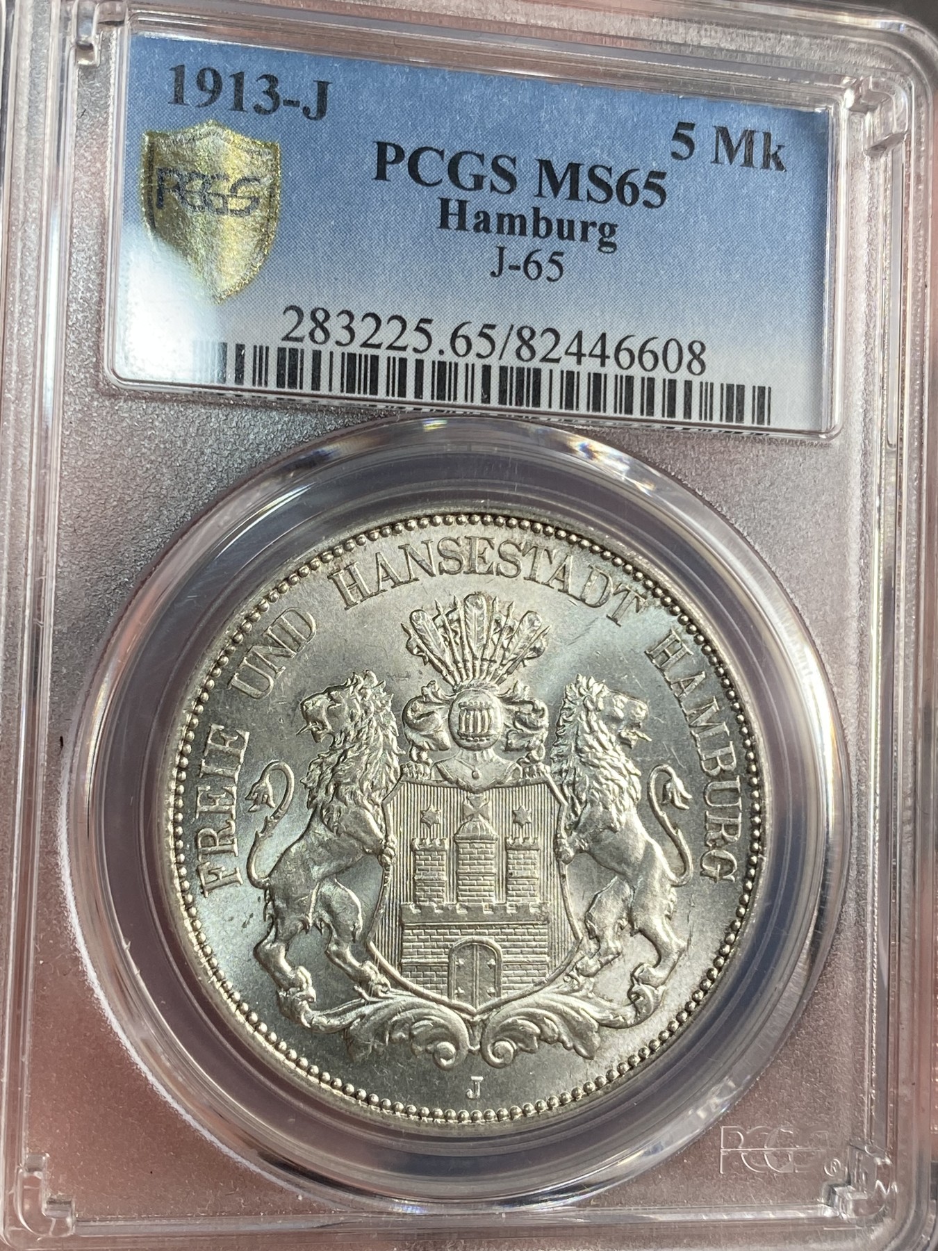 万国钱币拍卖第017期（中秋—国庆花好月圆夜特辑） PCGS MS65 1913年德国汉堡双狮5马克 经典品种 十字转光无敌状态