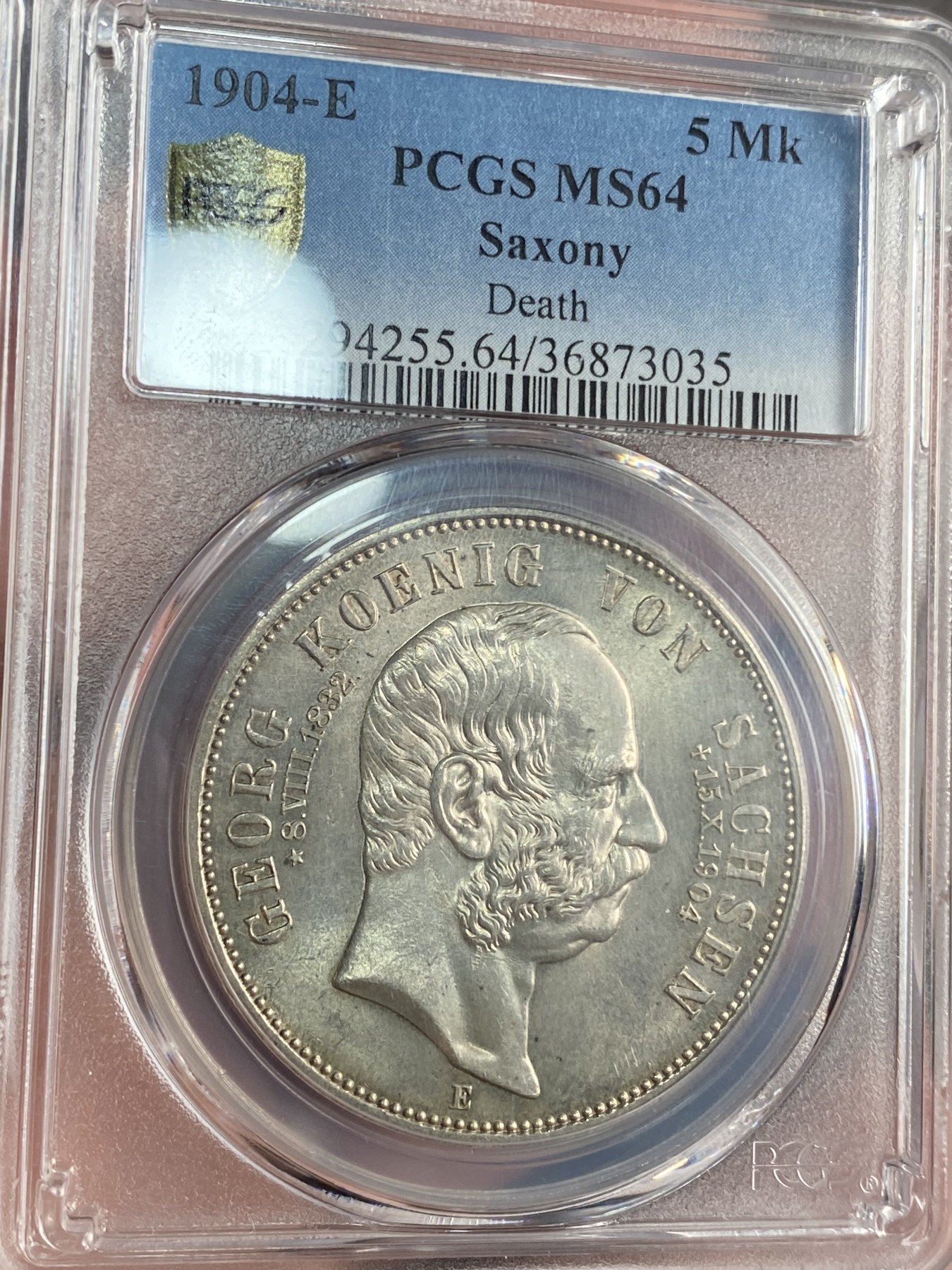 万国钱币拍卖第017期（中秋—国庆花好月圆夜特辑） PCGS MS64 1904年德国萨克森乔治国王逝世纪念流通5马克 曝光高点完美