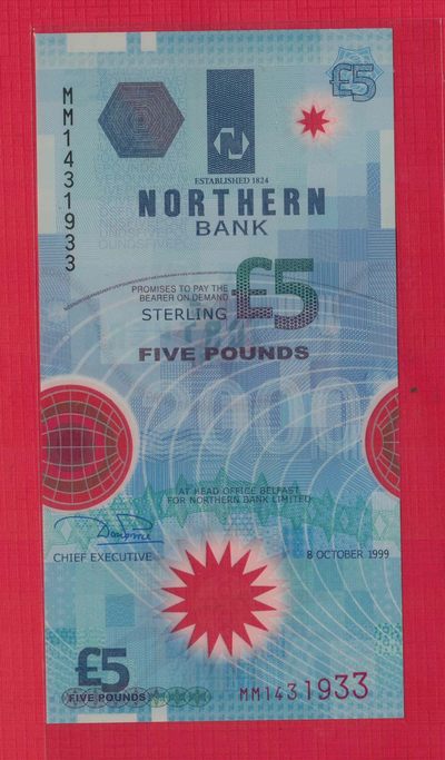 北爱尔兰5镑 1999年 千禧年塑料纪念钞 MM冠 33双尾 实物图 UNC - 北爱尔兰5镑 1999年 千禧年塑料纪念钞 MM冠 33双尾 实物图 UNC