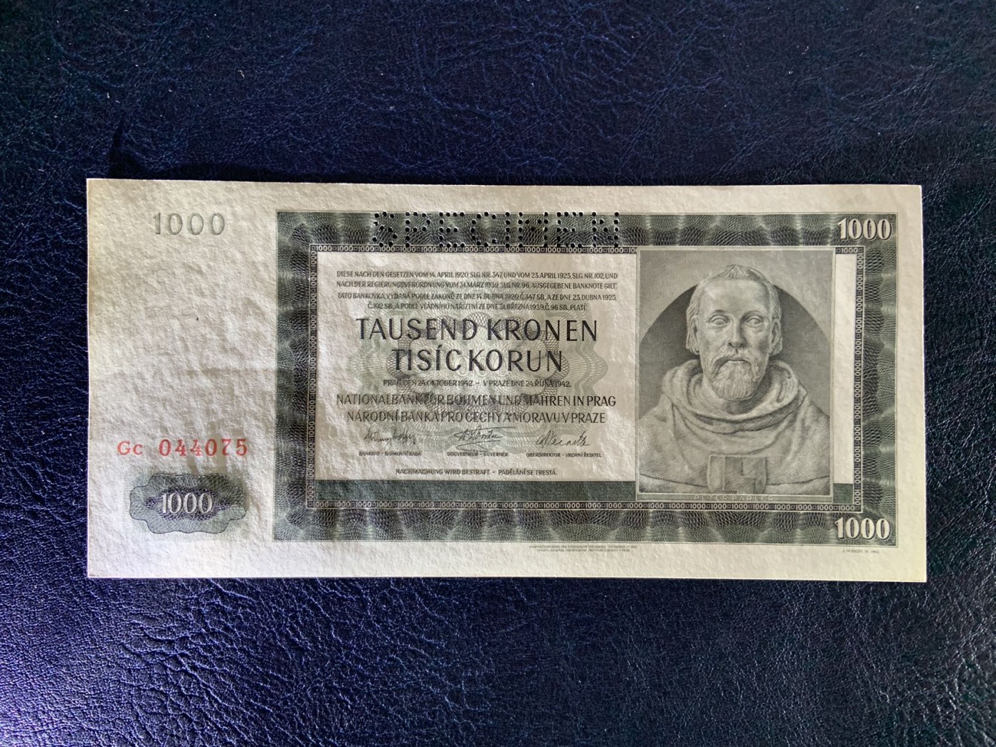 收藏联盟Quantum Auction 第292期拍卖  波西米亚和摩拉维亚1942年1000克朗样票 品相UNC-
