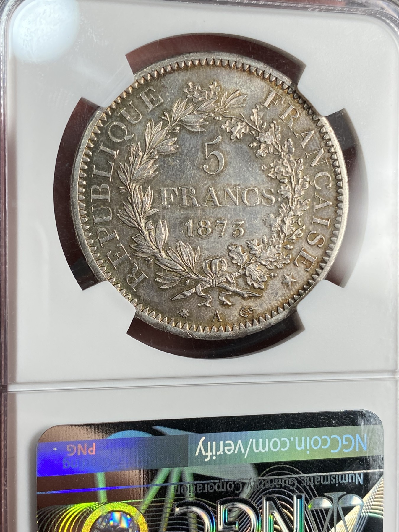 万国钱币拍卖第017期（中秋—国庆花好月圆夜特辑） NGC MS62 1873年法国早期大力神5法郎 五彩转光