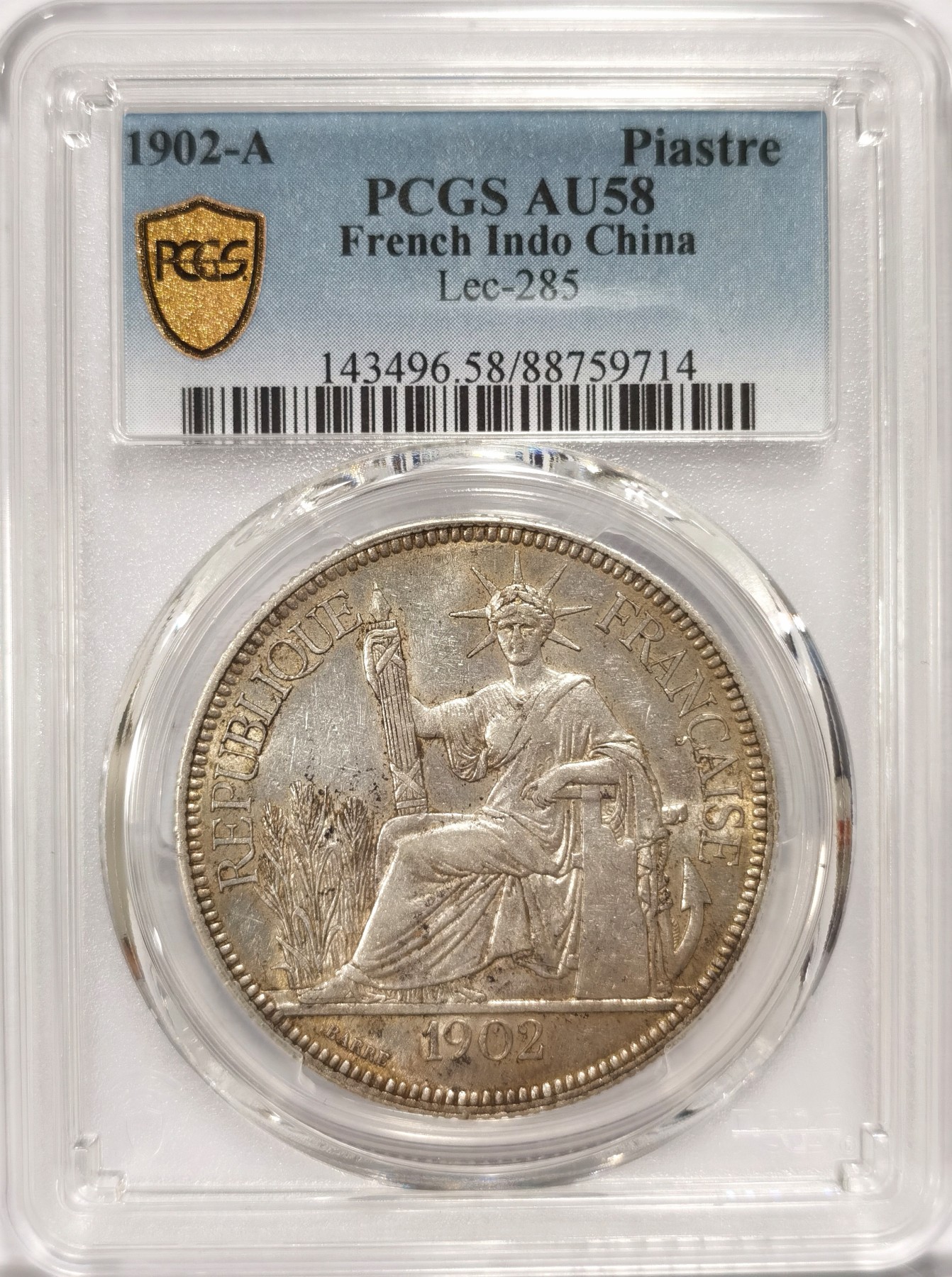 博洋堂庆双节连拍之“中秋甄选夜”精品专场拍卖暨第045期（全场包邮） PCGS AU58 法属印支坐洋1902A，带彩包浆