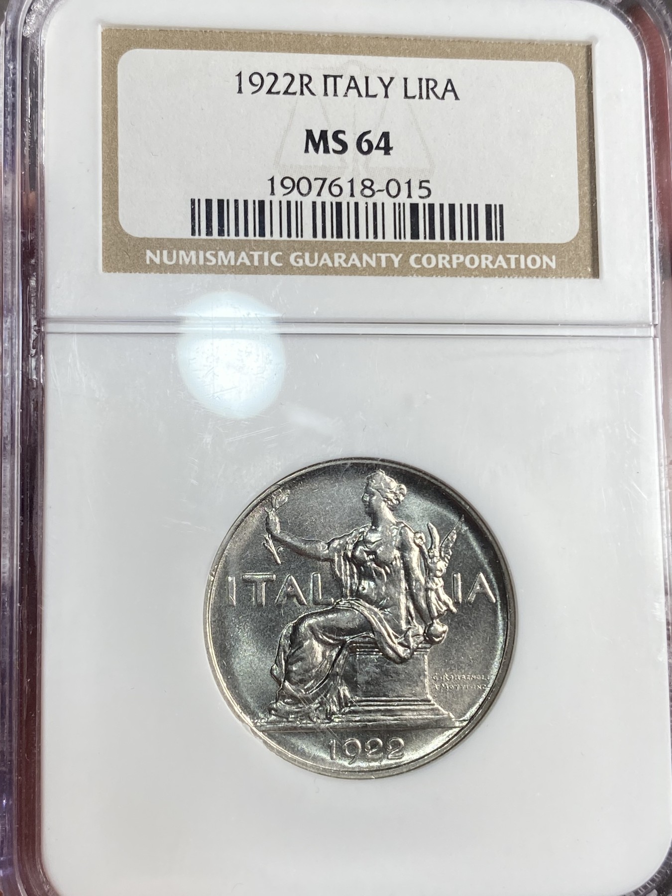 万国钱币拍卖第017期（中秋—国庆花好月圆夜特辑） NGC MS64 1922意大利女神1里拉镍币