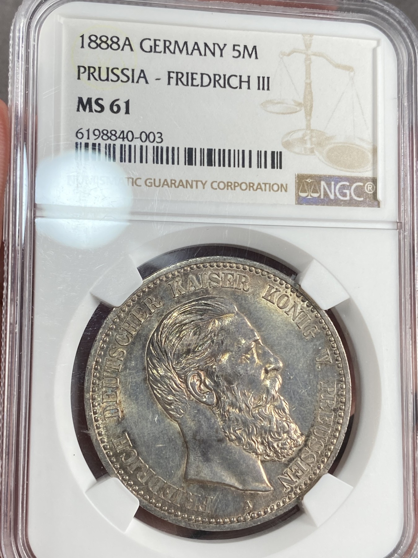 万国钱币拍卖第017期（中秋—国庆花好月圆夜特辑） NGC MS61 1888年德国三皇之年腓特烈三世流通5马克 暗金彩性价比高