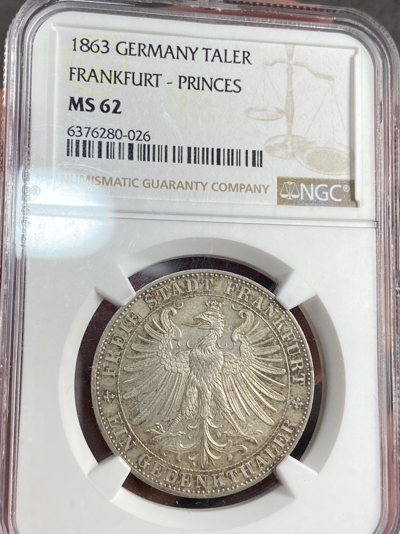 万国钱币拍卖第017期（中秋—国庆花好月圆夜特辑） NGC MS62 1863年德国法兰克福经典王子会议1泰勒 五彩经典品种