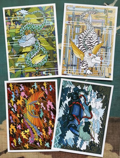 【直播】小花瓣艺术原创文创精品专场拍卖【第1场】 【四神天象系列】大尺寸明信片一套9张 +赠送10张28星宿邮票造型小画