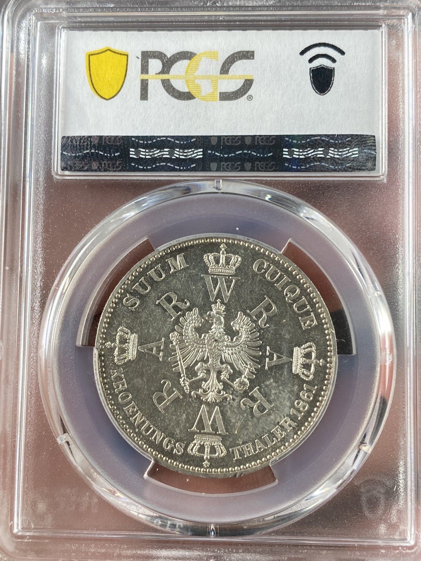 万国钱币拍卖第017期（中秋—国庆花好月圆夜特辑） PCGS MS62PL 1861年德国普鲁士经典威廉一世加冕毛衣类镜面泰勒  环淡彩镜面凝霜感极强