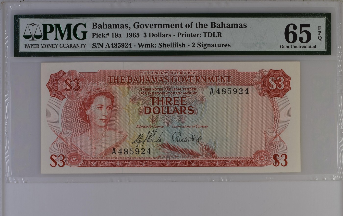 收藏联盟Quantum Auction 第292期拍卖  巴哈马1965年3元 PMG65 首发年份首发A冠 德纳罗彩背