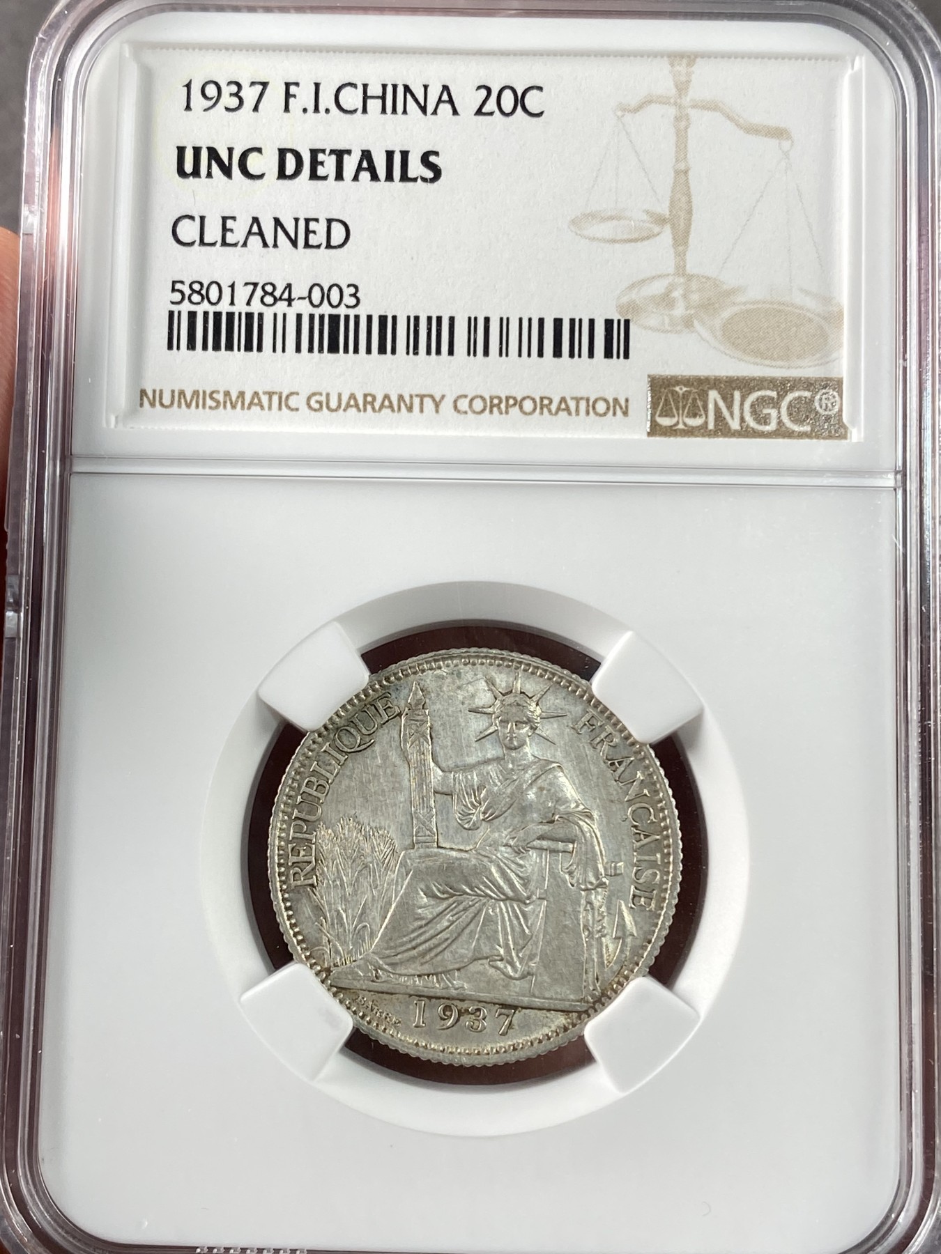 万国钱币拍卖第017期（中秋—国庆花好月圆夜特辑） NGC UNCD 1937年法属印支20分