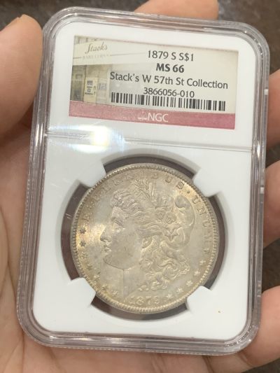 NGC MS66 美国 1879年S版 摩根1美元 大银币 淡彩十字光 状态非常好，带Stack's 收藏标签 很有意义