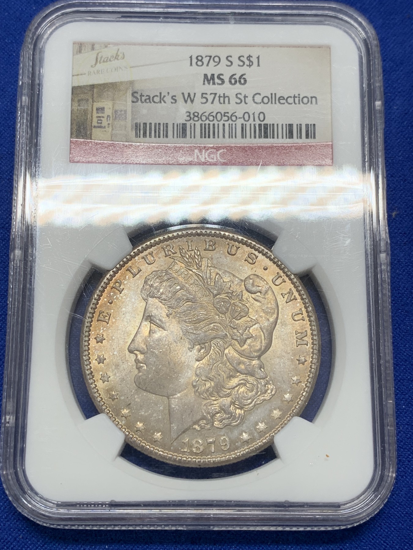 NGC MS66 美国 1879年S版 摩根1美元 大银币 淡彩十字光 状态非常好，带Stack's 收藏标签 很有意义