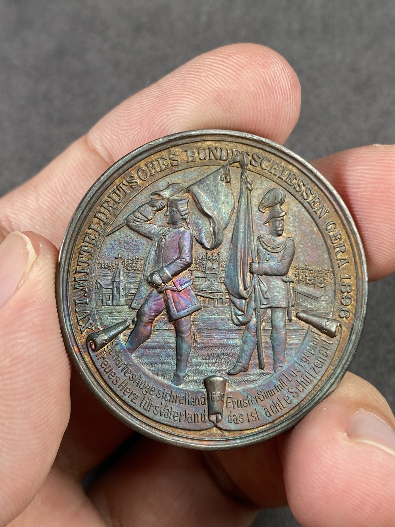 万国钱币拍卖第017期（中秋—国庆花好月圆夜特辑） 1896年德国罗斯射击节银章 反面磨砂紫彩包浆 小邦少见品种 25g 40mm