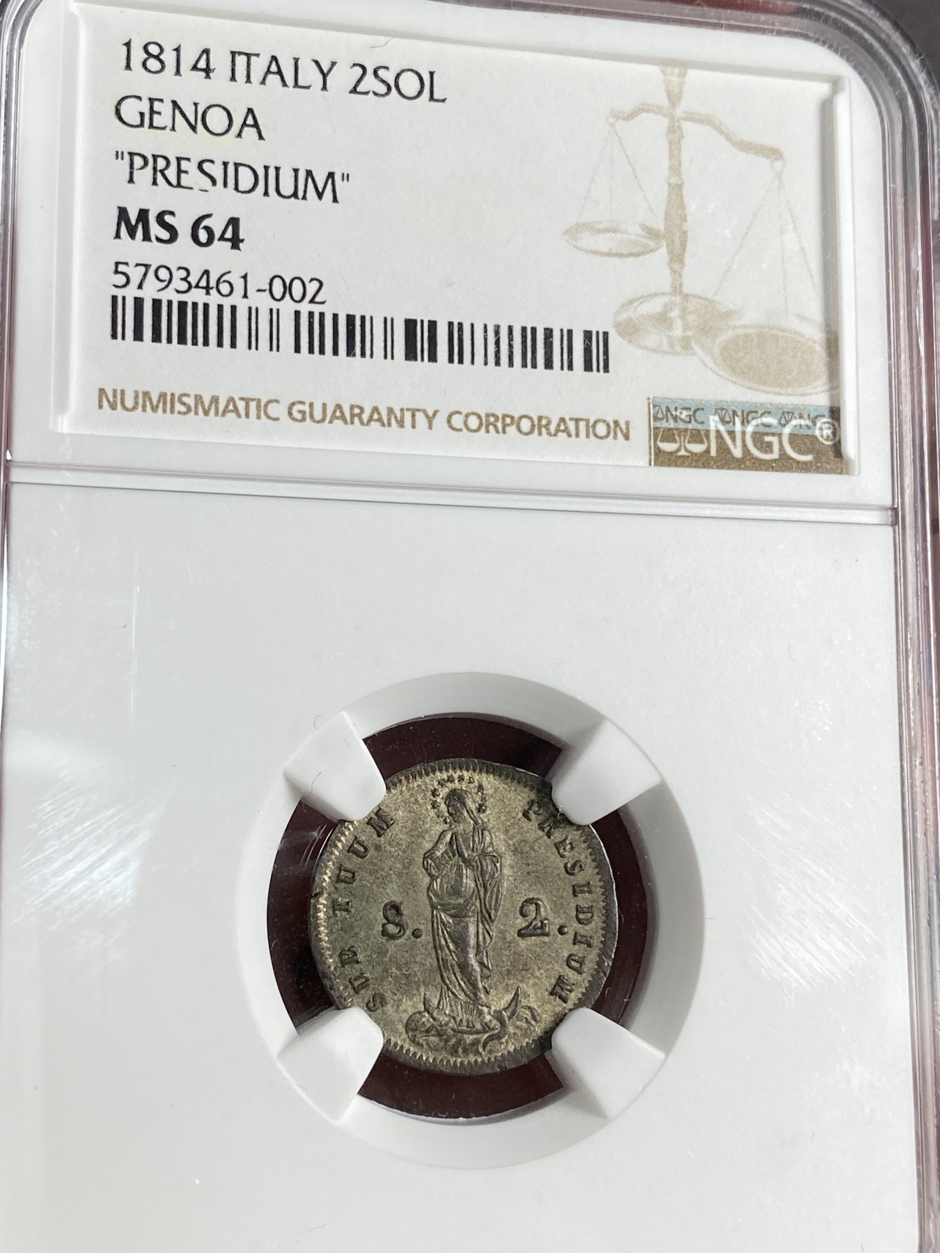 万国钱币拍卖第017期（中秋—国庆花好月圆夜特辑） NGC MS64 1814年意大利—热那亚共和国圣母2索尔迪 原味高分 少见品种
