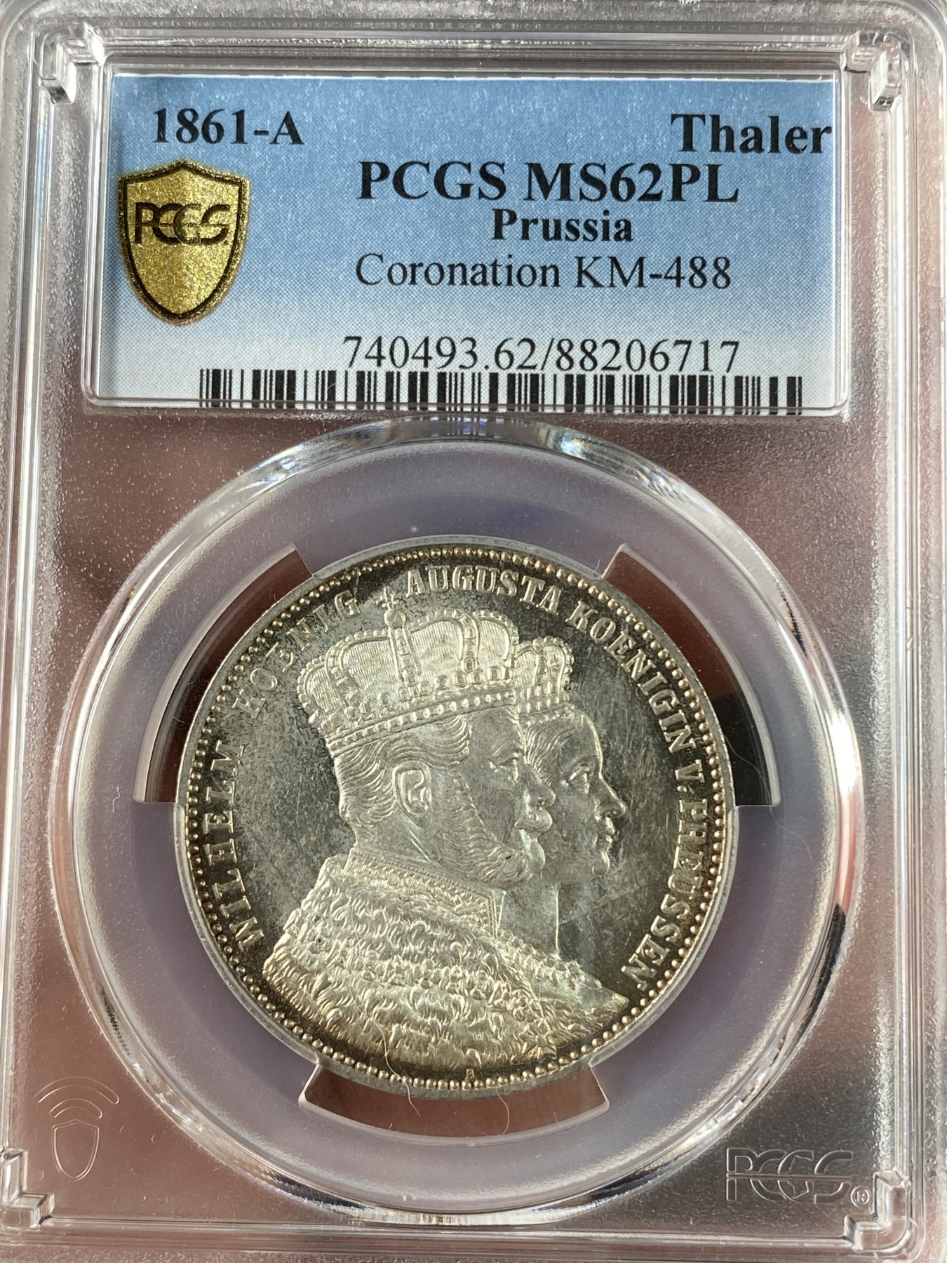 万国钱币拍卖第017期（中秋—国庆花好月圆夜特辑） PCGS MS62PL 1861年德国普鲁士经典威廉一世加冕毛衣类镜面泰勒  环淡彩镜面凝霜感极强